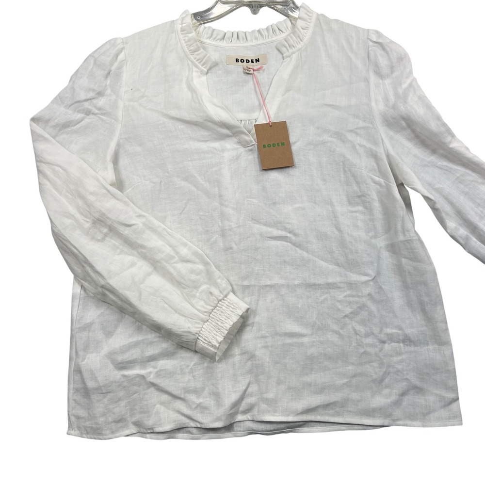 Boden Blouse Womens 8 White Linen Ruffle Neck Smocked Cuff Long Sleeve Top